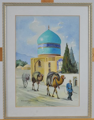 Lot 391 - Misha Chahbazian (Iranian 20th Century) Man Leading Camels before a Mosque