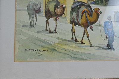 Lot 391 - Misha Chahbazian (Iranian 20th Century) Man Leading Camels before a Mosque