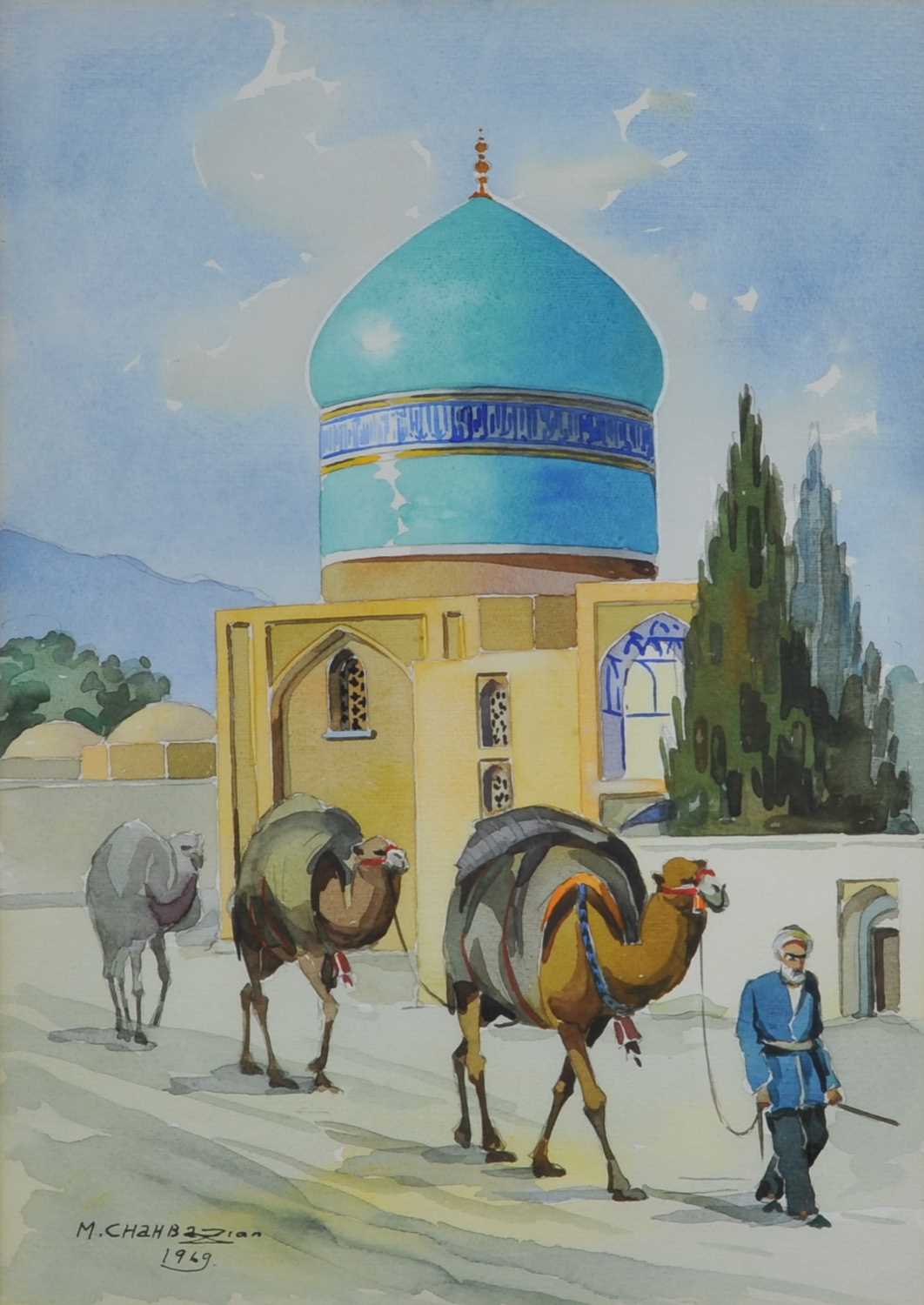 Lot 391 - Misha Chahbazian (Iranian 20th Century) Man Leading Camels before a Mosque