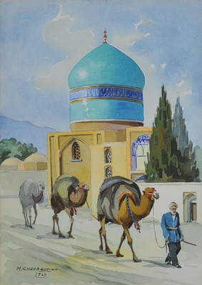 Lot 391 - Misha Chahbazian (Iranian 20th Century) Man Leading Camels before a Mosque