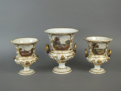 Lot 269 - A garniture of three Derby named view vases, early 19th century