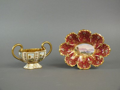 Lot 157 - A Coalport twin-handled landscape vase and small lobed dish