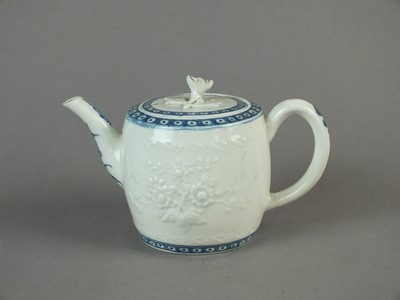 Lot 258 - Worcester barrel-shaped relief moulded teapot and cover, circa 1775