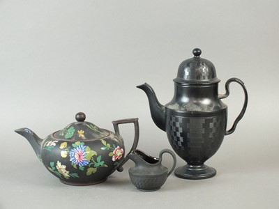 Lot 180 - Wedgwood teapot, 18th century black basalt coffee pot and cream jug