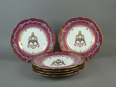 Lot 334 - Six John Ridgway & Co armorial dinner plates