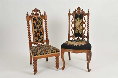 Lot 632 - Two Victorian walnut high-backed hall chairs,...