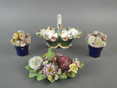 Lot 192 - Coalbrookdale basket, floral-encrusted ink stand and a pair of Derby floral baskets