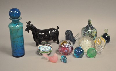 Lot 230 - Mdina glass vase, selected paperweights and a pottery billygoat
