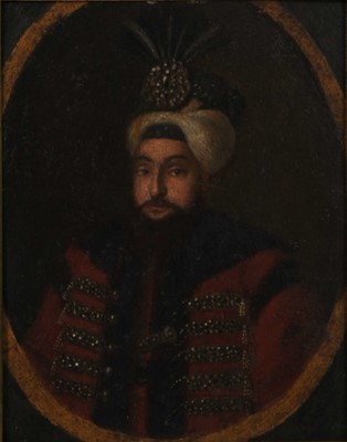 Lot 387 - Circle of Konstantin Kapidgli, Portrait Miniature on Copper of Sultan Selim III (R. 1789-1809)