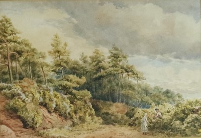 Lot 37 - Alice E Newling (British 19th Century), Landscape with Courting Couple