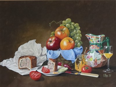 Lot 803 - Christopher Hope (British 20th Century), Pair of Still Life studies Pork Pie and Apples