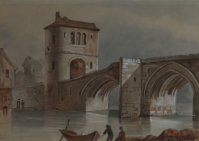 Lot 43 - Watercolour of Figures with a rowing boat before a Fortified Bridge