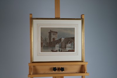 Lot 43 - Watercolour of Figures with a rowing boat before a Fortified Bridge