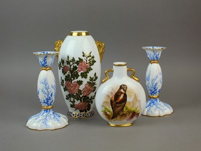 Lot 266 - A pair of Coalport candlesticks, a moon flask and a vase