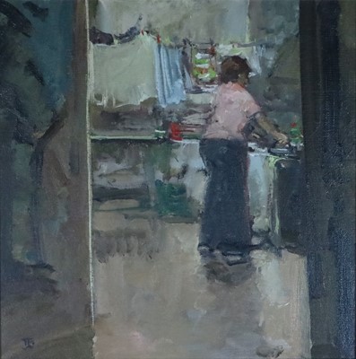 Lot 414 - Tom Coates NEAC (British b.1941), Lady Ironing