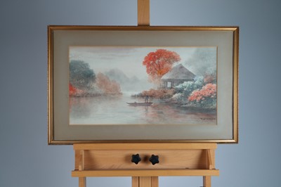 Lot 781 - A Yoshida (Japanese, 20th Century), Figure in canoe on a Lake