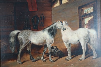 Lot 767 - Oil study of two horses in a stable