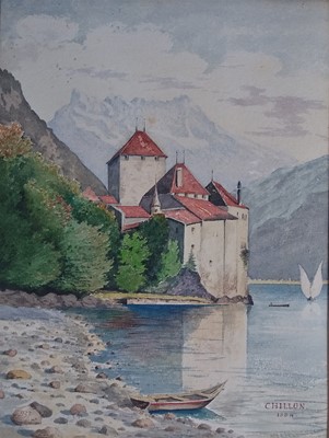 Lot 756 - Continental watercolour of Chillon 1884