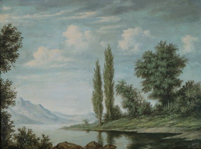 Lot 60 - F Bery (British School), Oil Landscape of a Mountainous Lakeside