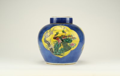 Lot 323 - A Chinese powder blue and famille rose ginger jar and cover, Qing Dynasty, 18th/19th century