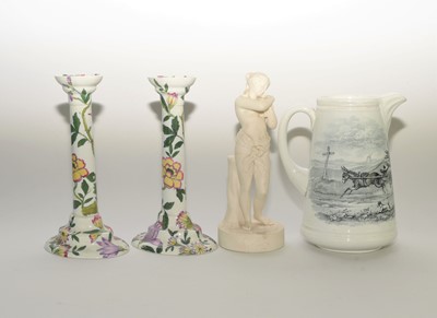 Lot 231 - Victorian jug, parian figure and a pair of Copeland Spode candlesticks