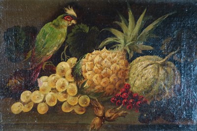 Lot 74 - Pair of Still Life studies of Pineapples, Pumpkins and Parakeets