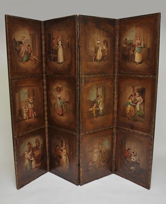 Lot 330 - A four-fold painted leather screen (later...