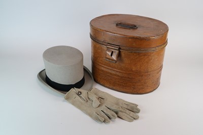 Lot 239 - A scumbled tin hat box containing a grey Moss...
