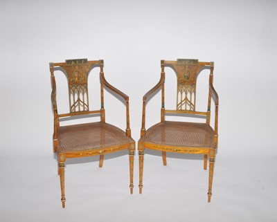 Lot 428 - A pair of George III style painted satin birch...