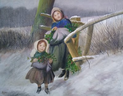 Lot 61 - Clifton (British 20th Century), Children Carrying Holly in the Snow
