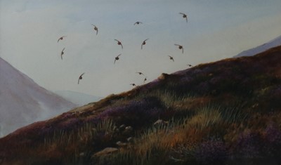 Lot 31 - Berrisford Hill (British 20th Century), Birds flying over heather topped hills