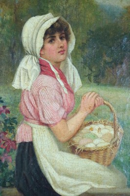 Lot 86 - Arthur Langley Vernon (British, fl.1871-1922) Young Woman Collecting Eggs