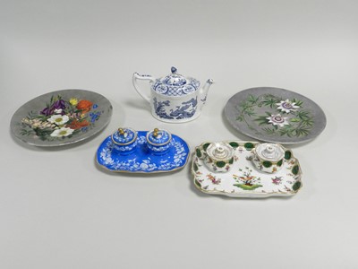 Lot 295 - Dresden inkstand, KPM inkstand, Victorian dishes and a chinoiserie teapot