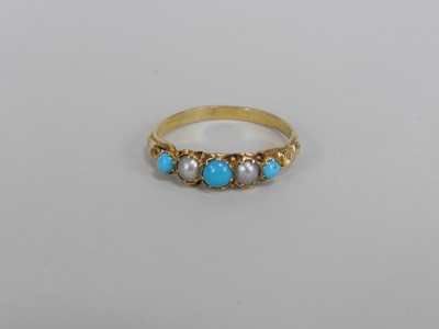 Lot 174 - A five stone turquoise and pearl ring