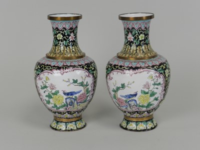 Lot 323 - A pair of Chinese Canton enamel vases,...