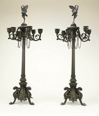 Lot 357 - A pair of French bronze six-branch candelabra, late 19th century