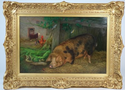 Lot 142 - Denby Sweeting (British 1936-2020), Oxford Sandy and Black Pig in Farmyard