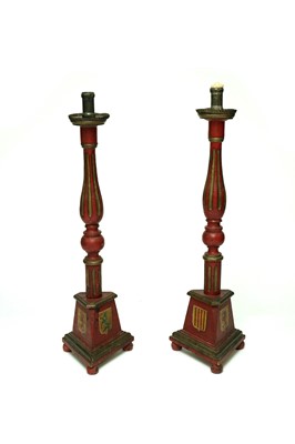 Lot 359 - A pair of large Spanish painted wood candle holders