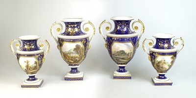 Lot 264 - A garniture of four Bloor Derby twin-handled vases
