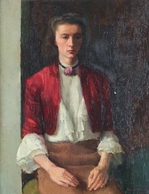 Lot 176 - Attributed to Deryck Foster (British 1924-2011), Portrait of A Woman in Red Jacket