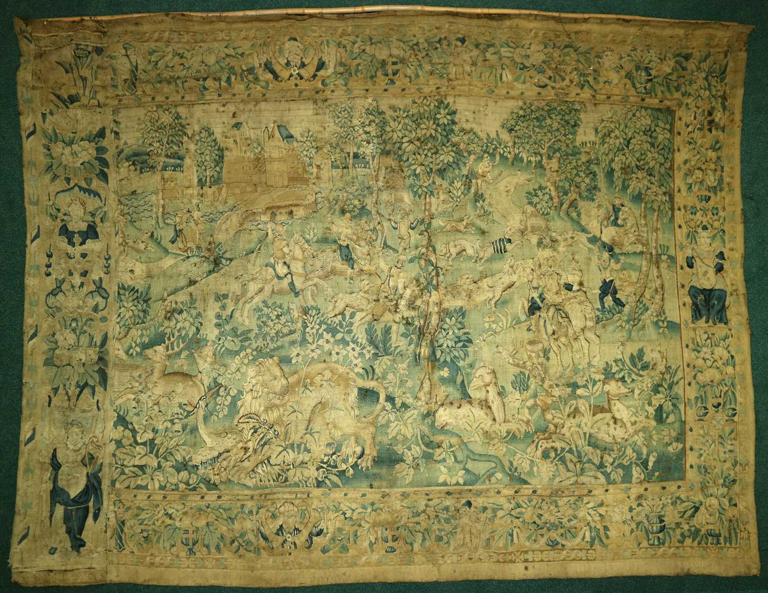 472 - A large 17th century Flemish tapestry depicting a boar hunt,