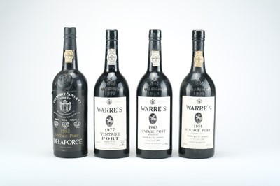 Lot 407 - Three bottles of Warre's Vintage Port, 1977, 1983, 1985 and one Delaforce 1982