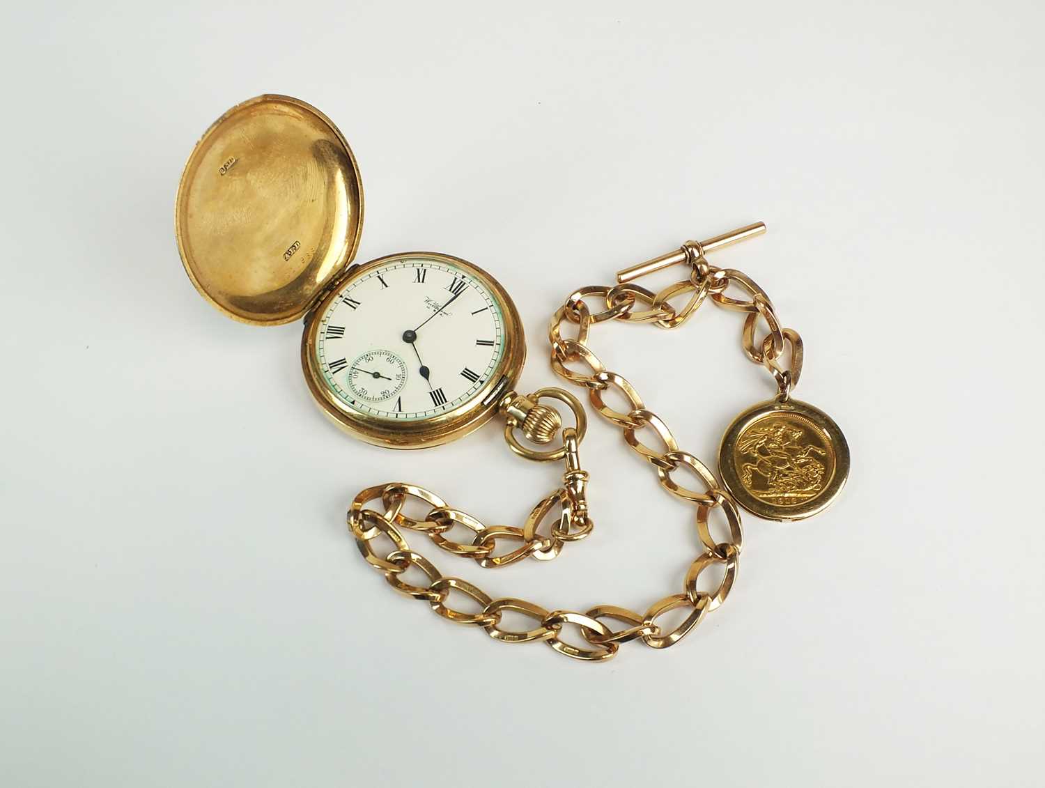 132 - A 9ct gold full hunter pocket watch with albert
