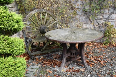 Lot 266 - A teak wagon wheel backed rustic two-seater...