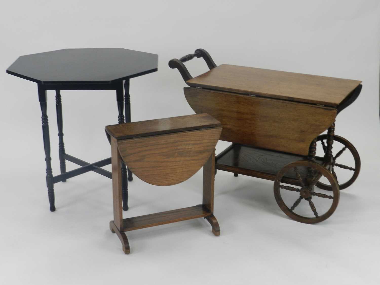 Lot 436 - An Edwardian oak drop-leaf trolley table and...
