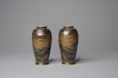 Lot 374 - A pair of Japanese Satsuma black-ground vases by Uchida