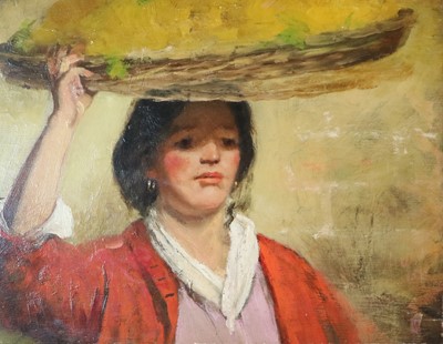 Lot 109 - Follower of Laureano Barrau Bunol (Spanish 1863-1957) Woman carrying a Basket