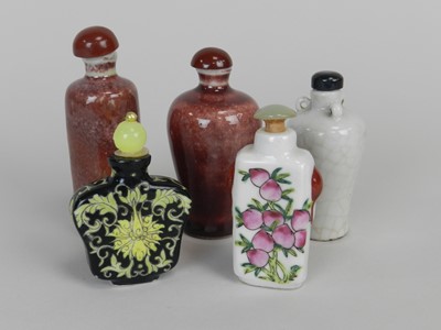 Lot 286 - Five Chinese porcelain snuff bottles,...