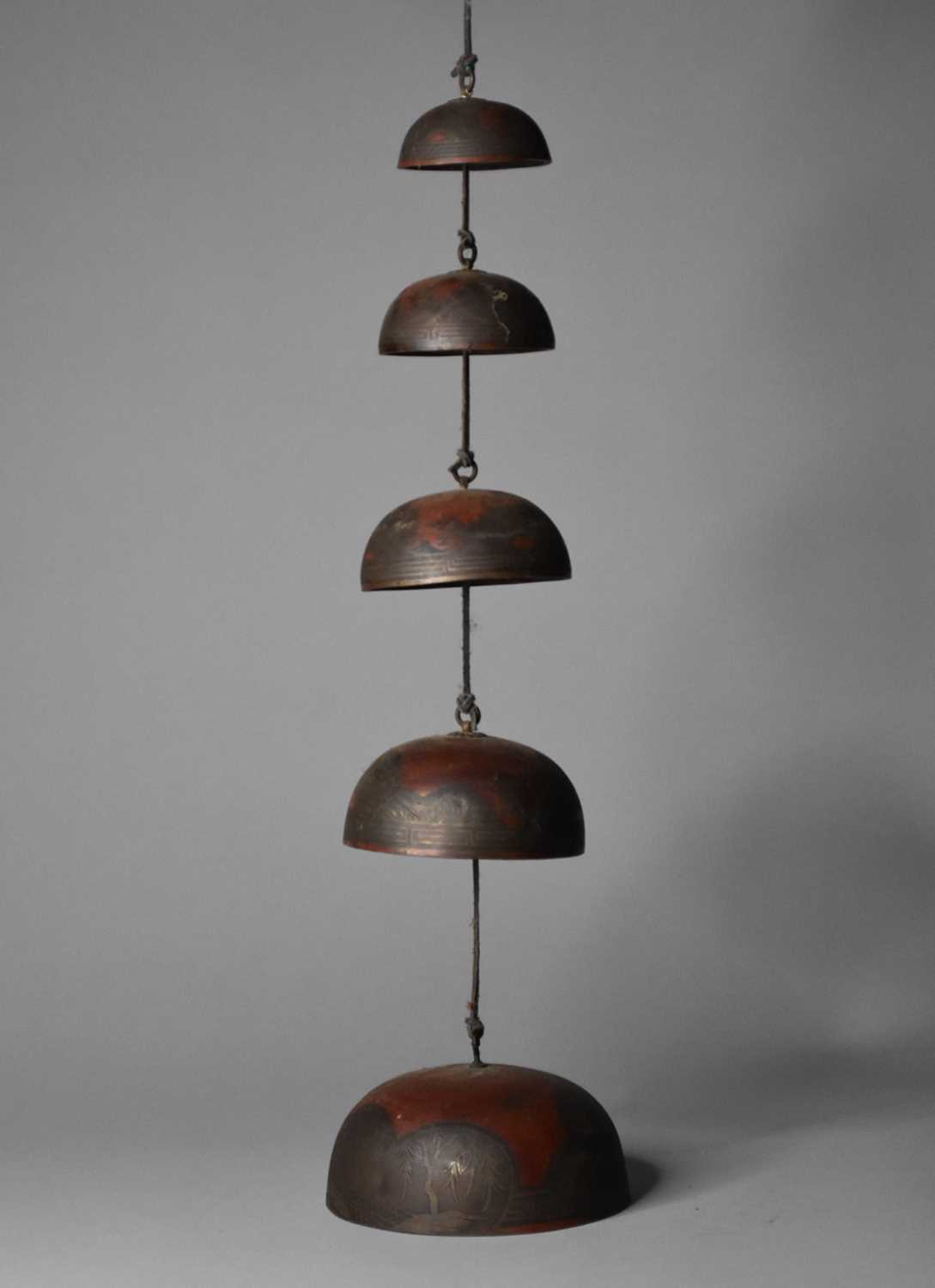 Lot 381 - A set of five Japanese bronze hanging temple bells