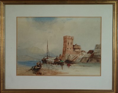 Lot 107 - L* G* J* (British, 19th century) Fishing Boats before a Castle